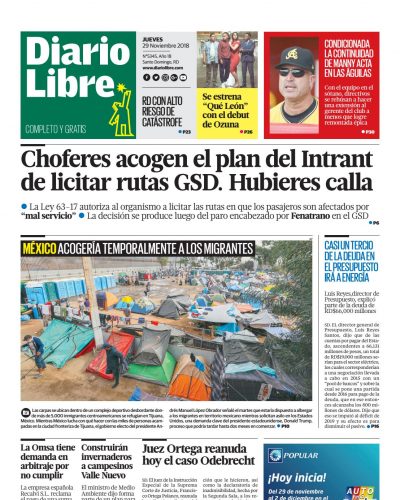Portada Periódico Diario Libre, Jueves 29 de Noviembre 2018