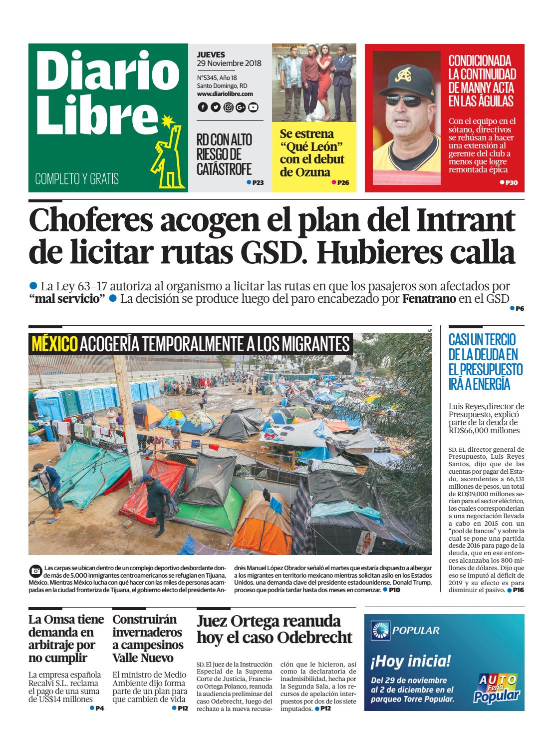Portada Periódico Diario Libre, Jueves 29 de Noviembre 2018