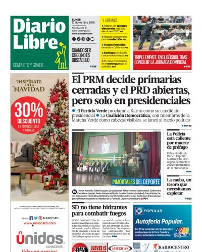 Portada Periódico Diario Libre, Lunes 12 de Noviembre 2018