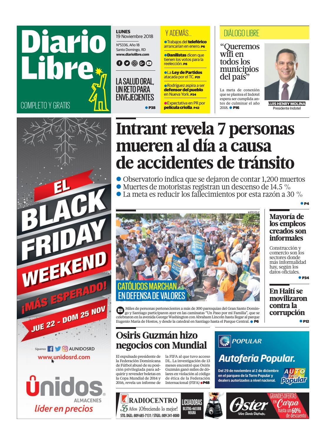 Portada Periódico Diario Libre, Lunes 19 de Noviembre 2018