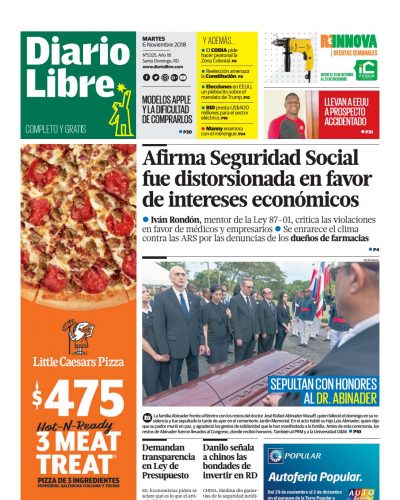 Portada Periódico Diario Libre, Martes 06 de Noviembre 2018