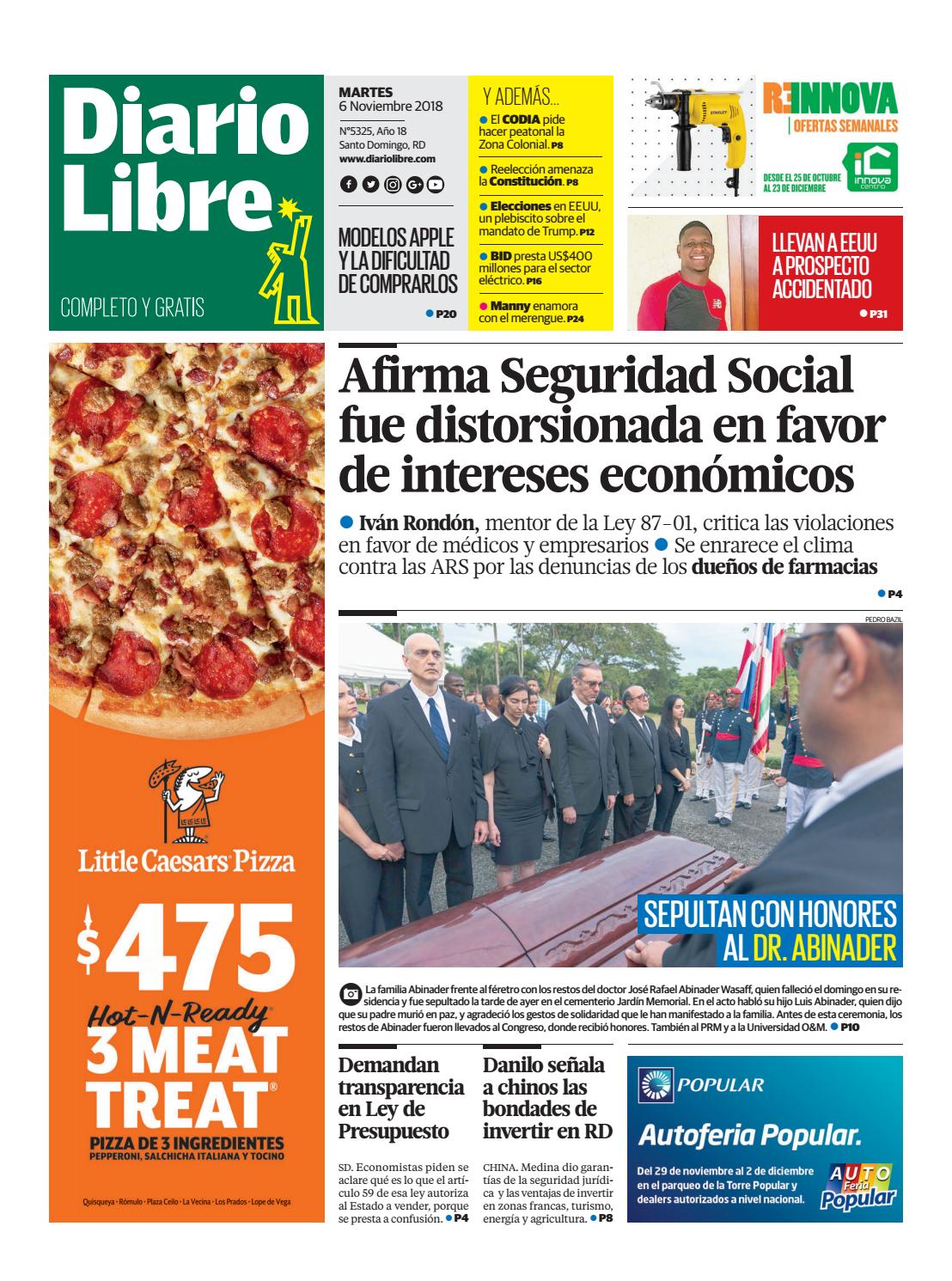 Portada Periódico Diario Libre, Martes 06 de Noviembre 2018