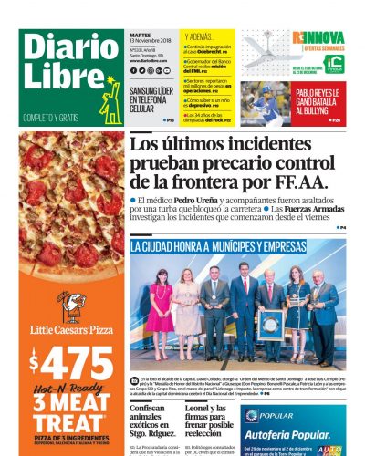 Portada Periódico Diario Libre, Martes 13 de Noviembre 2018