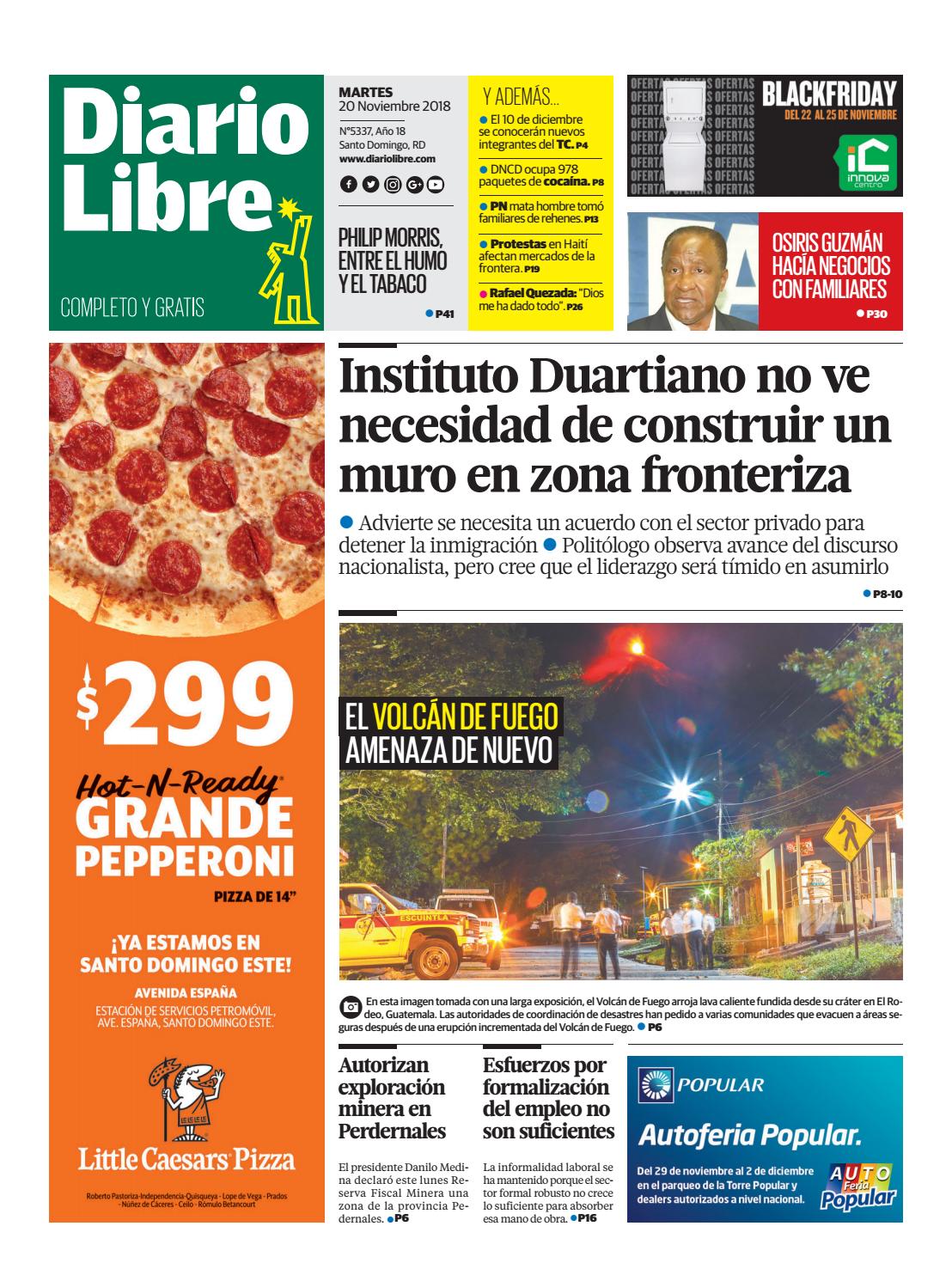 Portada Periódico Diario Libre, Martes 20 de Noviembre 2018