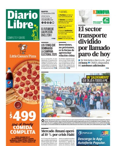 Portada Periódico Diario Libre, Martes 27 de Noviembre 2018