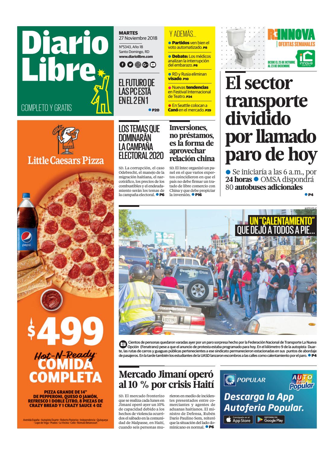 Portada Periódico Diario Libre, Martes 27 de Noviembre 2018