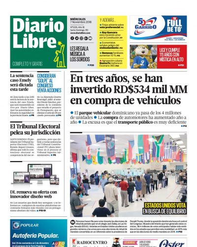 Portada Periódico Diario Libre, Miércoles 07 de Noviembre 2018