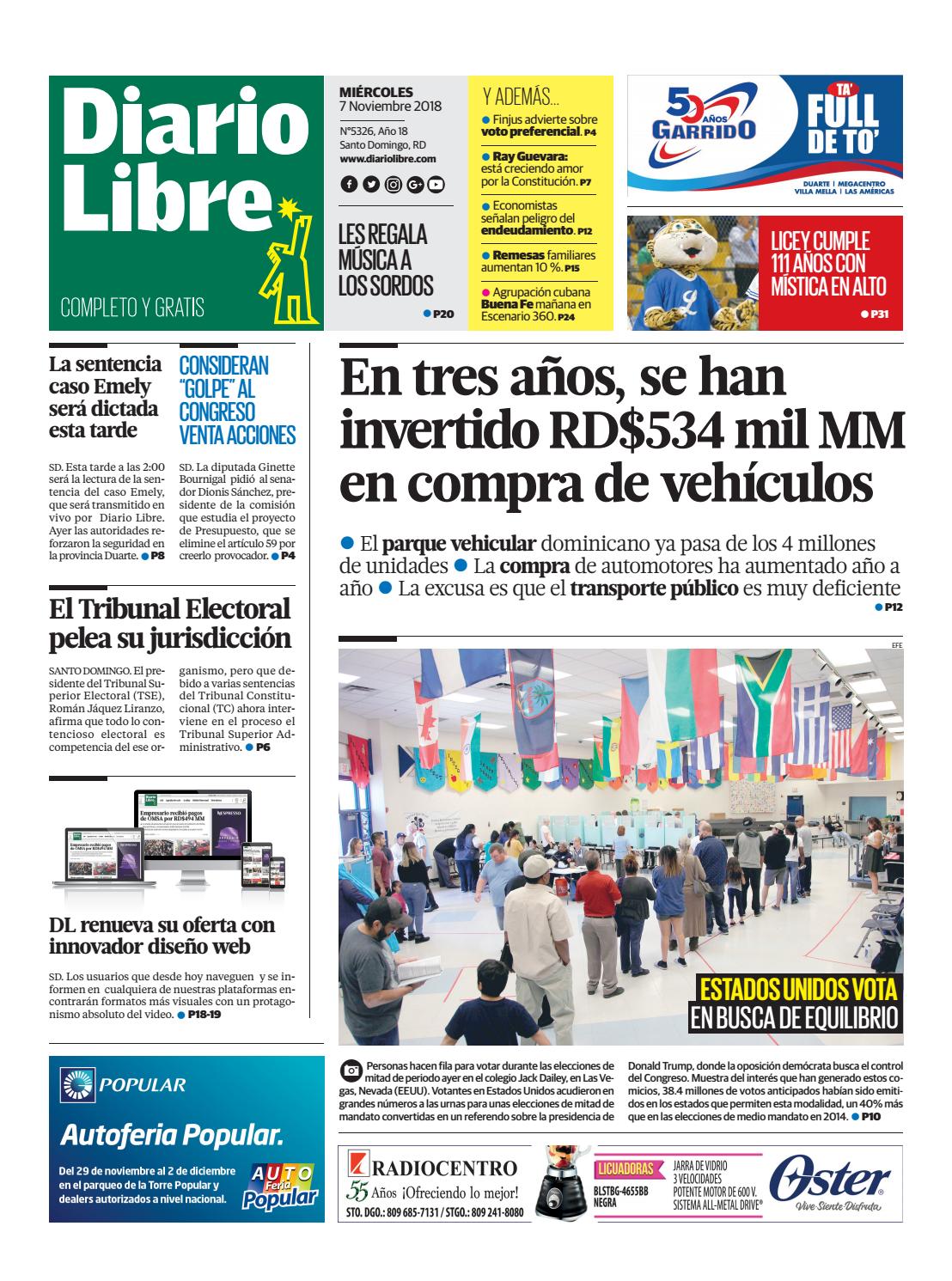 Portada Periódico Diario Libre, Miércoles 07 de Noviembre 2018