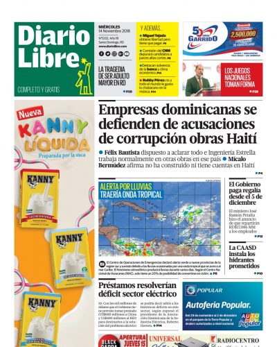 Portada Periódico Diario Libre, Miércoles 14 de Noviembre 2018