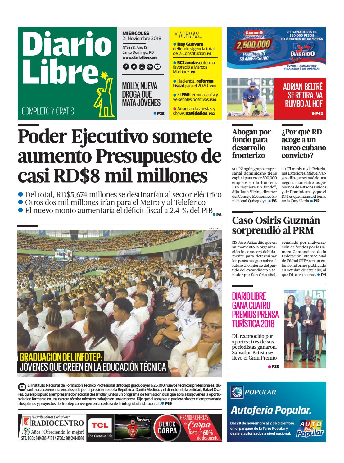 Portada Periódico Diario Libre, Miércoles 21 de Noviembre 2018