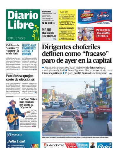 Portada Periódico Diario Libre, Miércoles 28 de Noviembre 2018