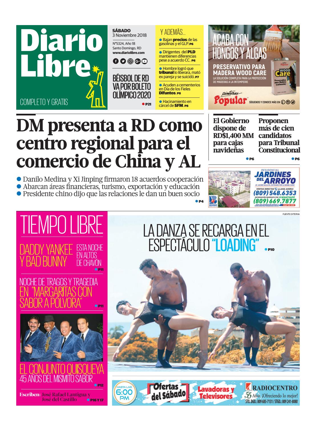 Portada Periódico Diario Libre, Sábado 03 de Noviembre 2018
