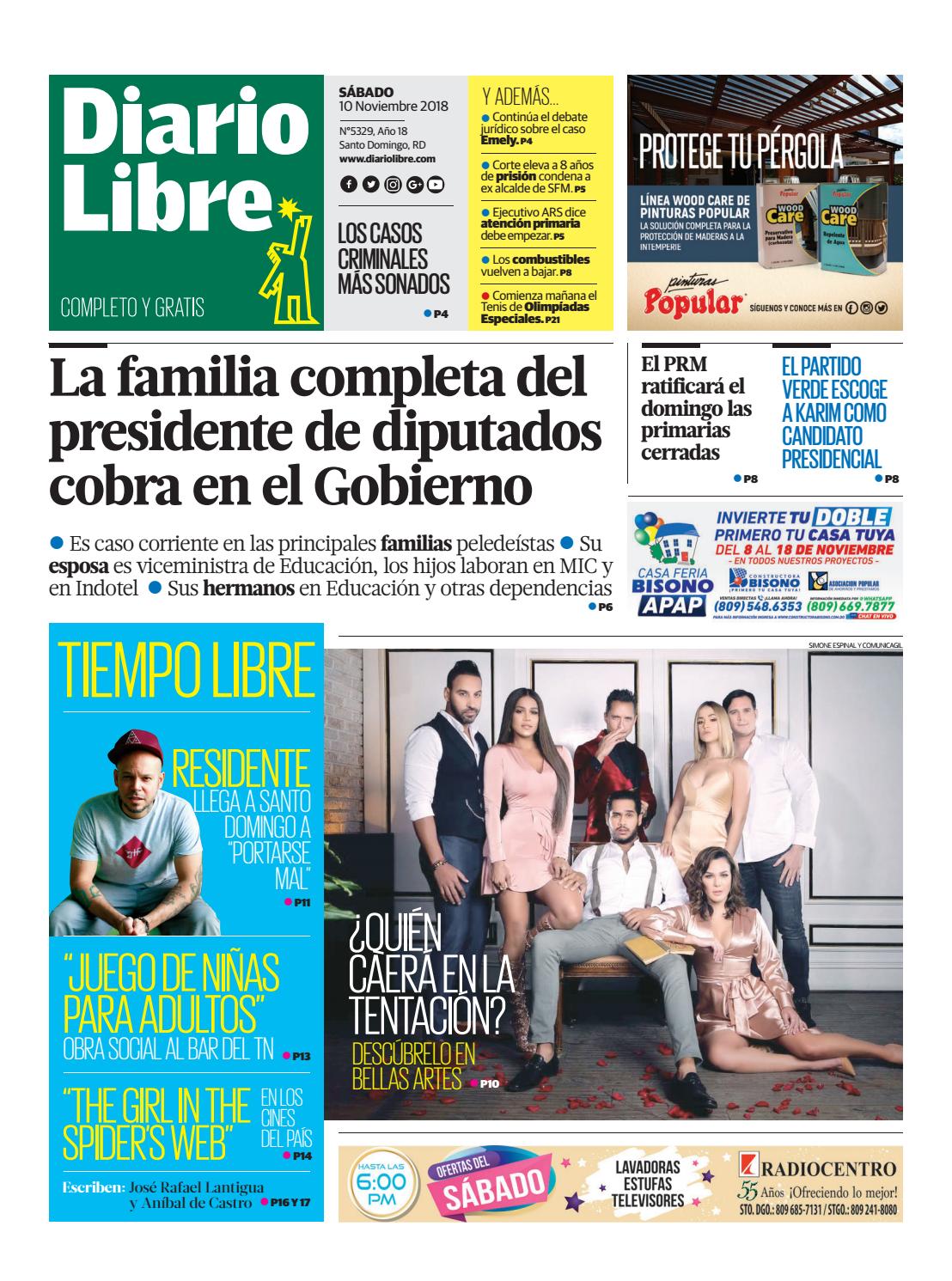 Portada Periódico Diario Libre, Sábado 10 de Noviembre 2018