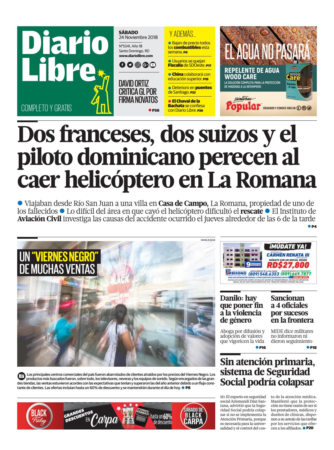Portada Periódico Diario Libre, Sábado 24 de Noviembre 2018