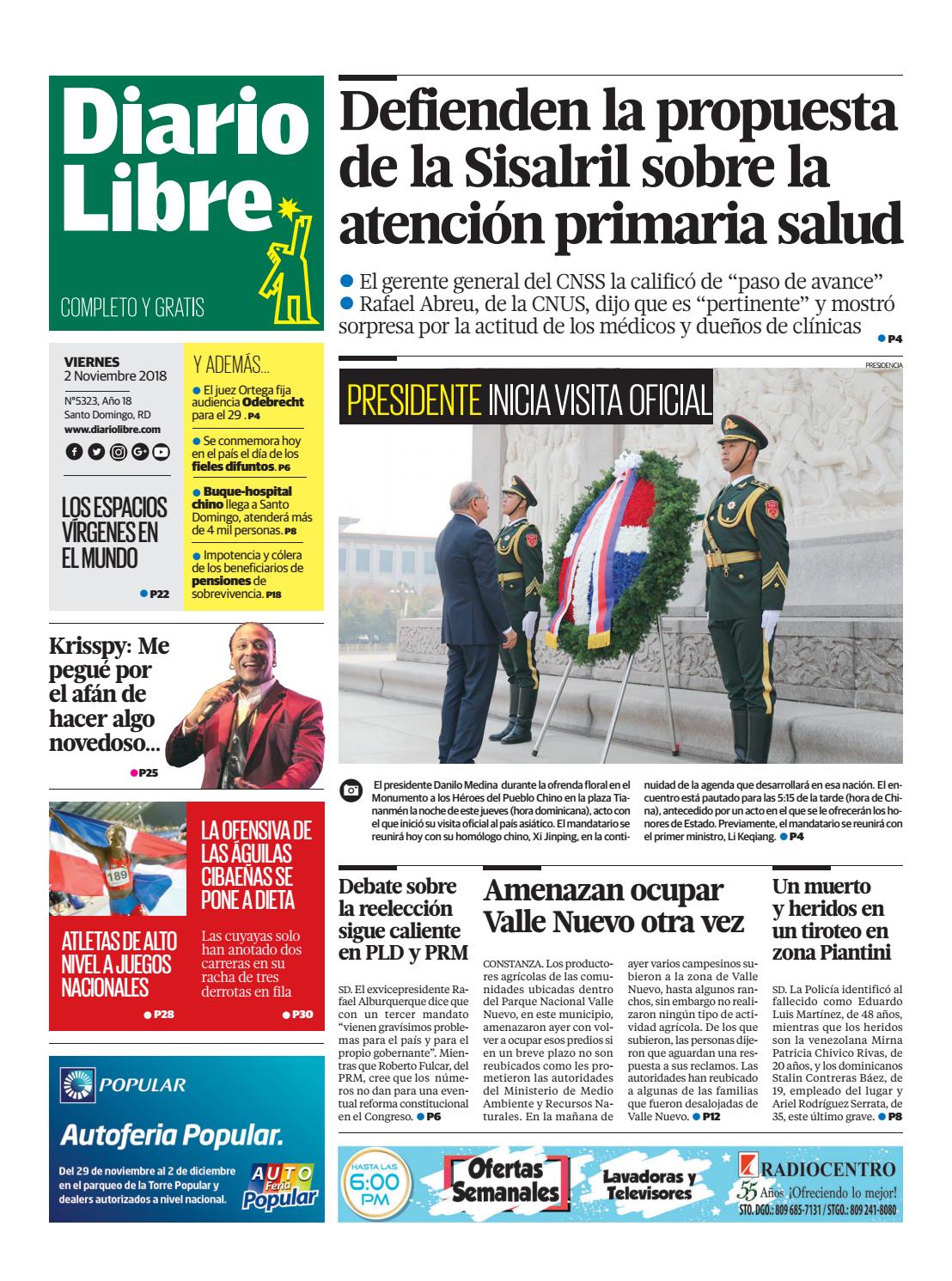 Portada Periódico Diario Libre, Viernes 02 de Noviembre 2018