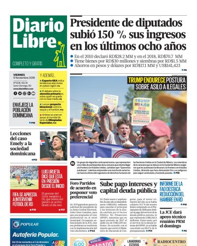 Portada Periódico Diario Libre, Viernes 09 de Noviembre 2018