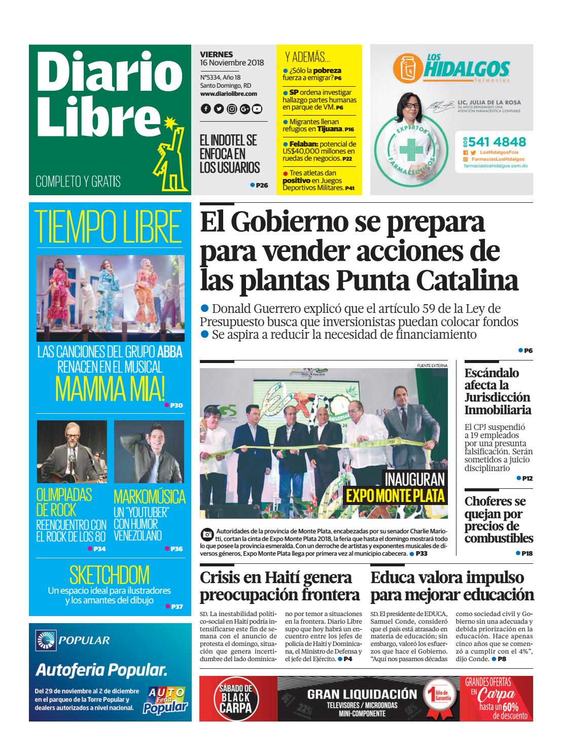 Portada Periódico Diario Libre, Viernes 16 de Noviembre 2018