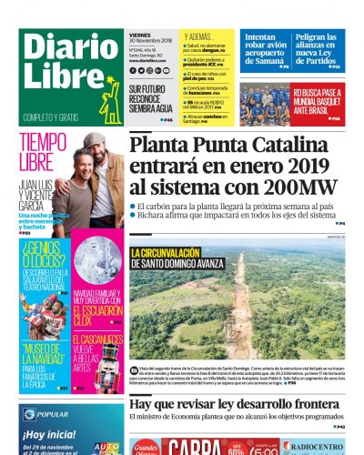 Portada Periódico Diario Libre, Viernes 30 de Noviembre 2018