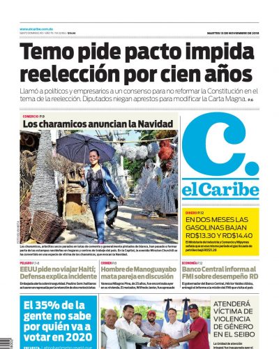 Portada Periódico El Caribe, Martes 13 de Noviembre 2018