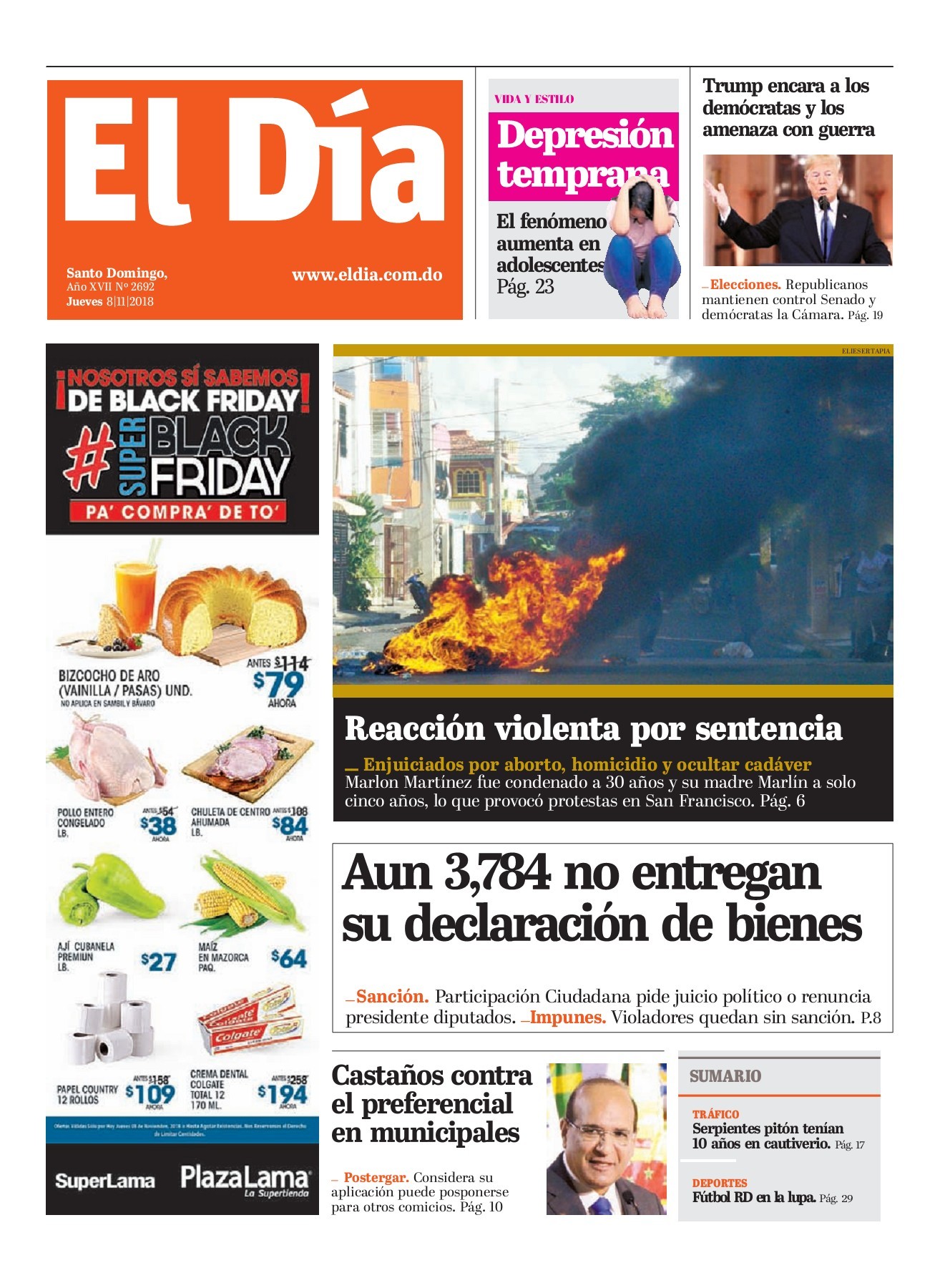 Portada Periódico El Día, Jueves 08 de Noviembre 2018