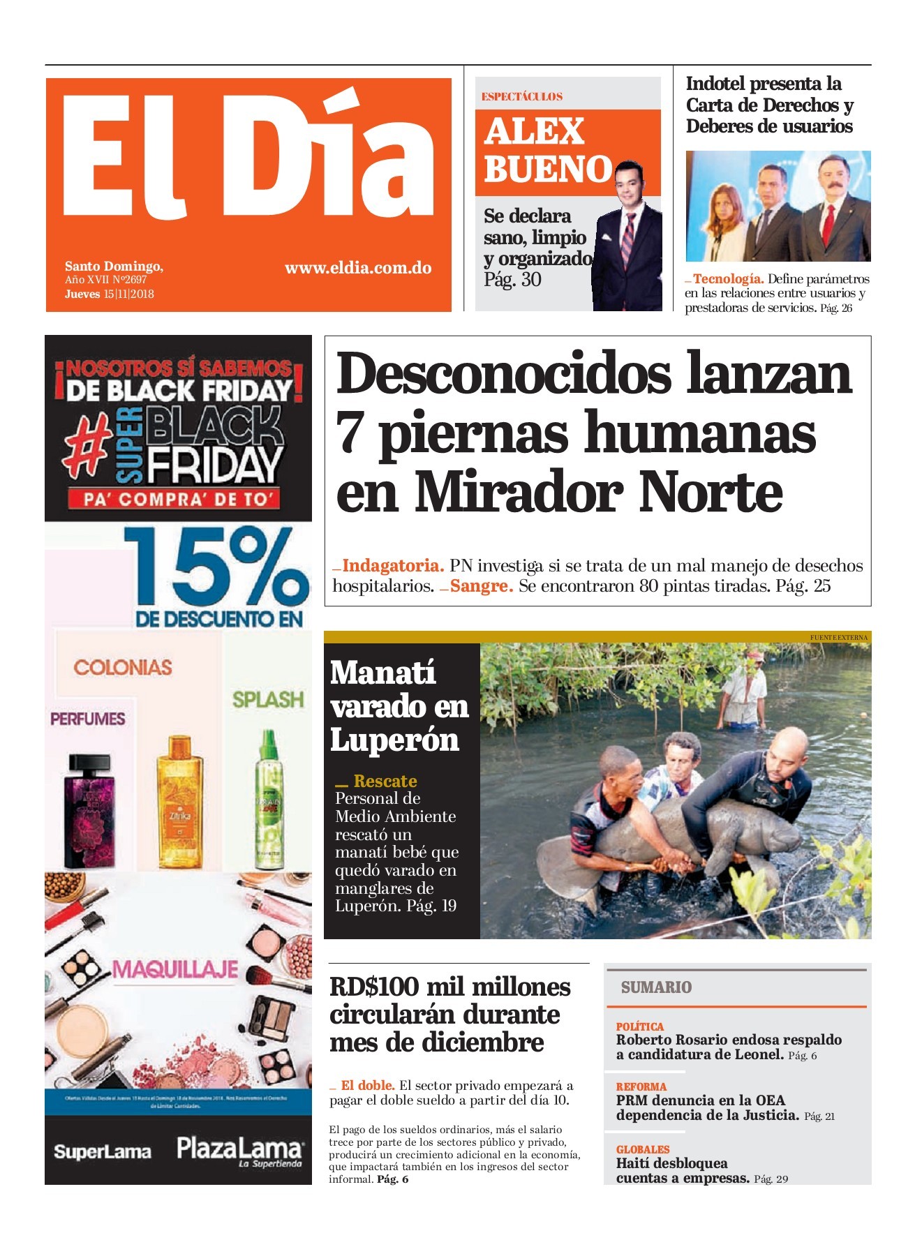 Portada Periódico El Día, Jueves 15 de Noviembre 2018