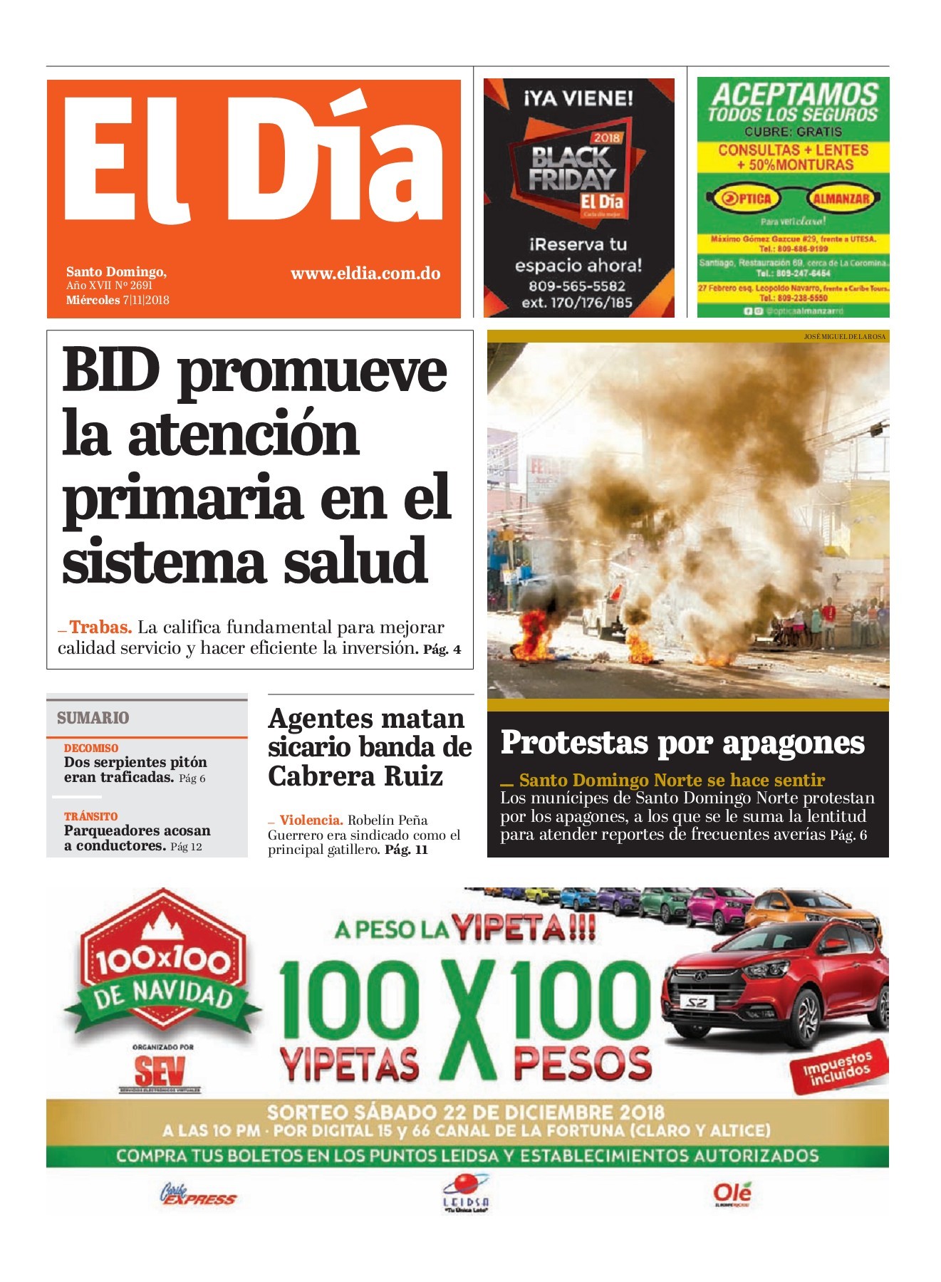 Portada Periódico El Día, Miércoles 07 de Noviembre 2018