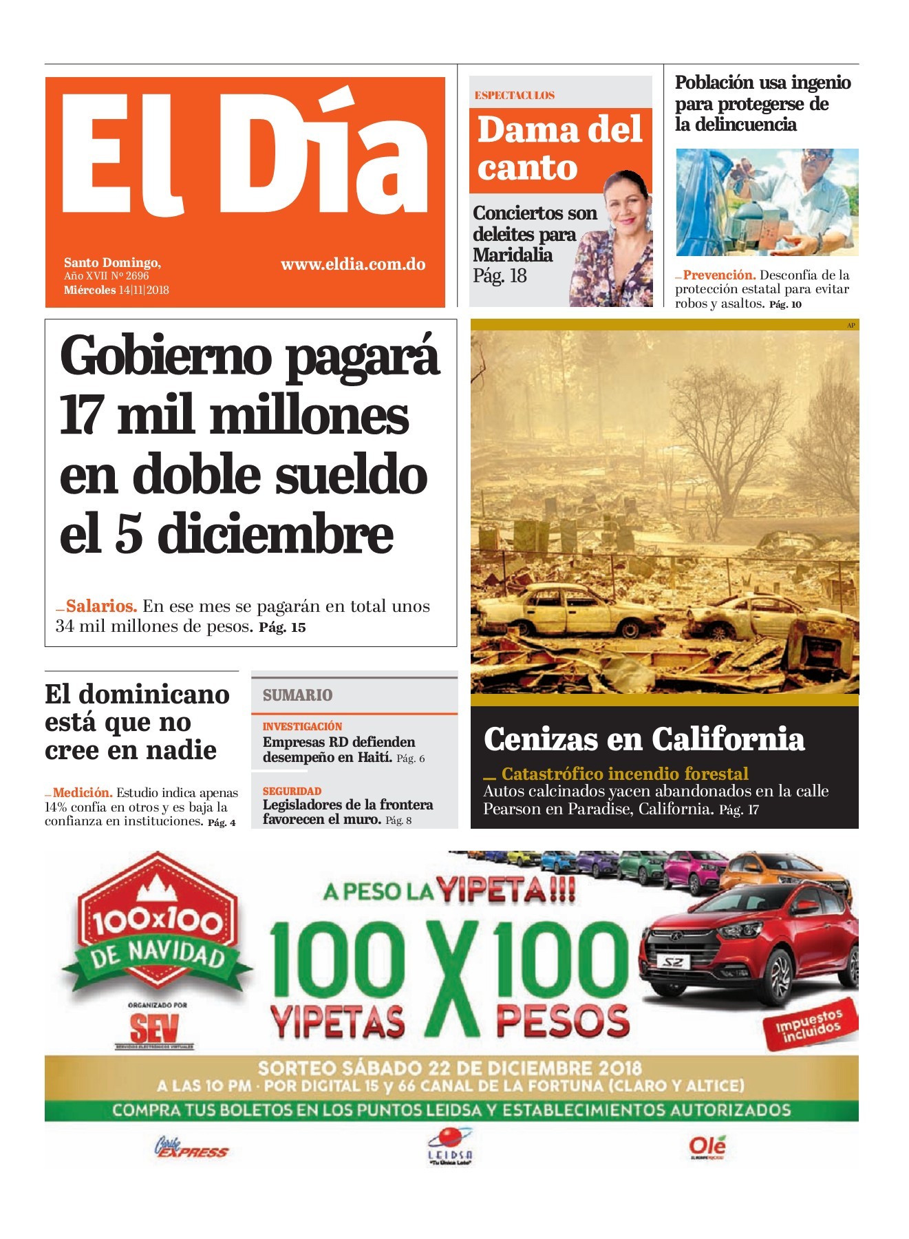 Portada Periódico El Día, Miércoles 14 de Noviembre 2018