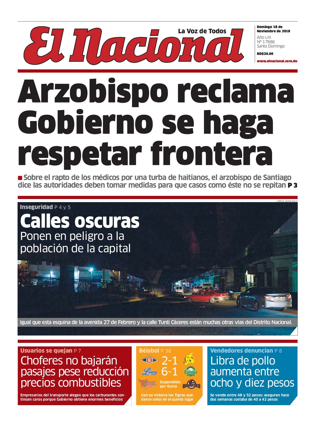 Portada Periódico El Nacional, Domingo 18 de Noviembre 2018