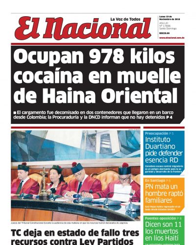 Portada Periódico El Nacional, Lunes 19 de Noviembre 2018