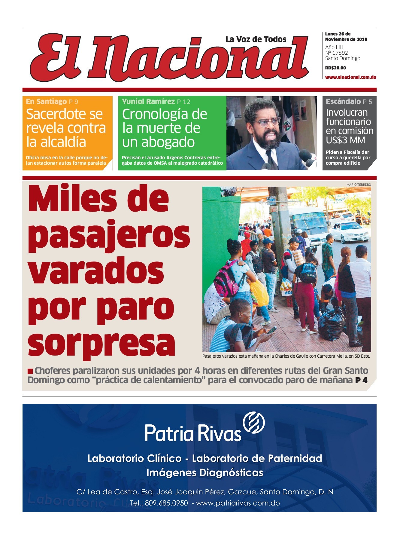 Portada Periódico El Nacional, Lunes 26 de Noviembre 2018