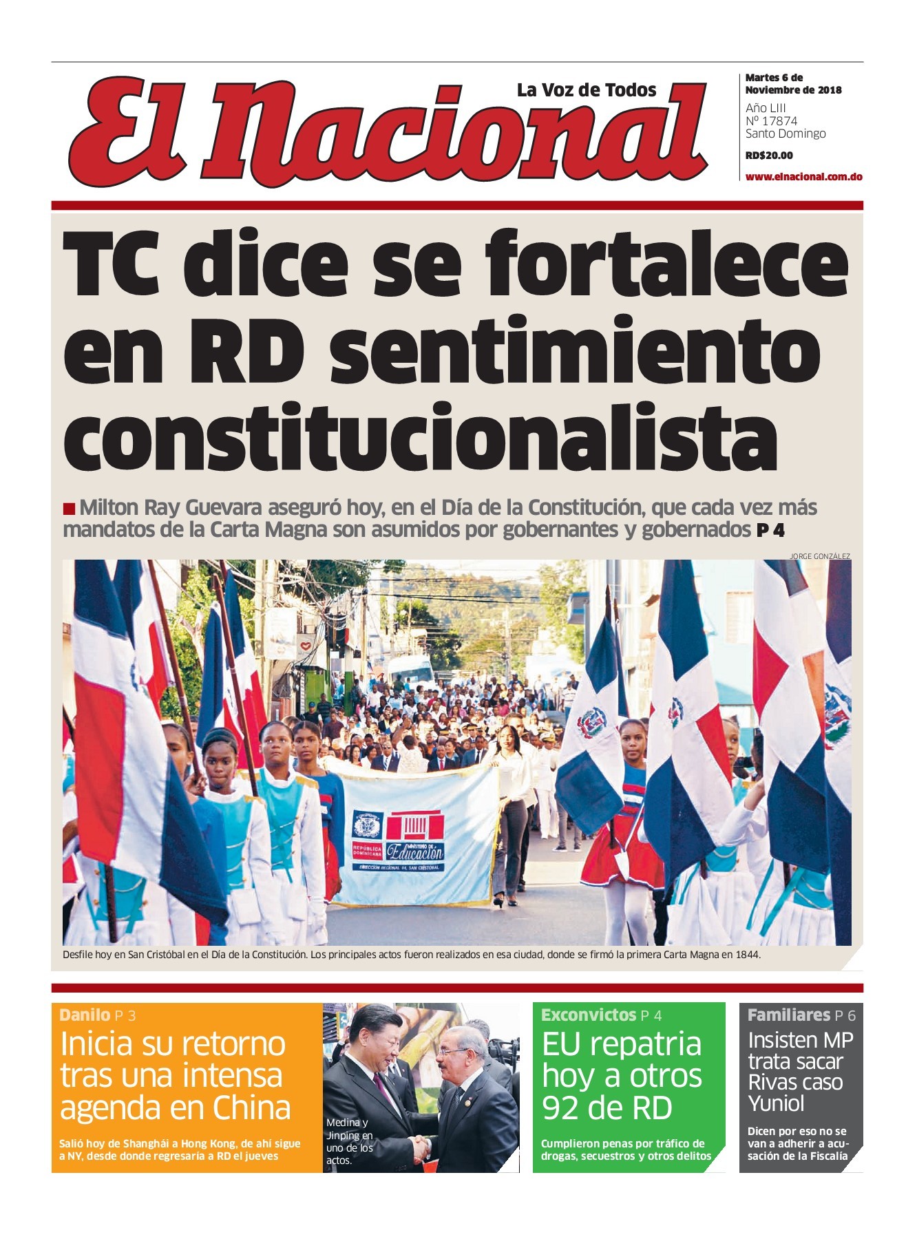 Portada Periódico El Nacional, Martes 06 de Noviembre 2018