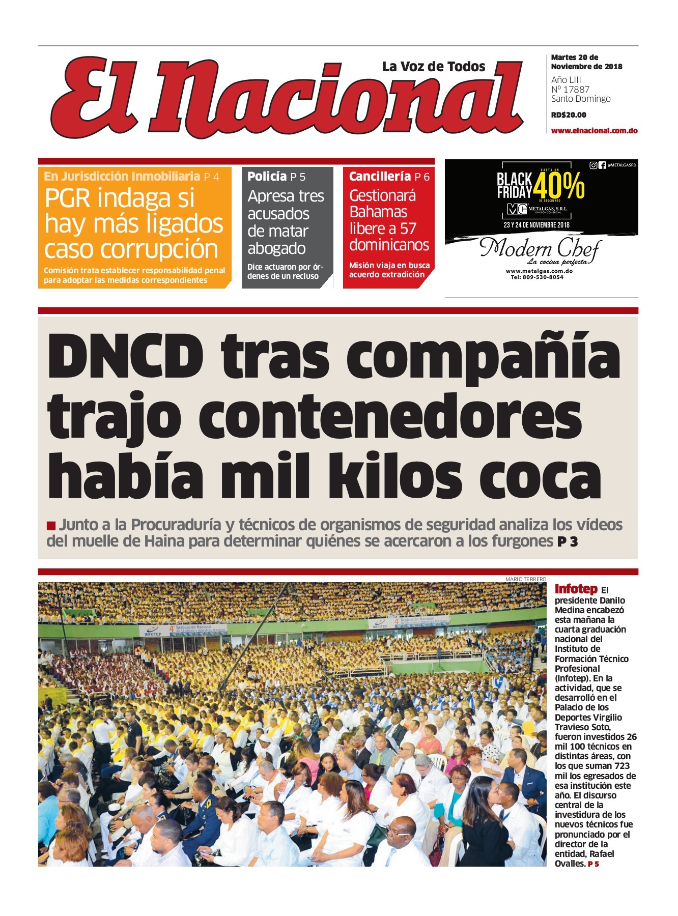Portada Periódico El Nacional, Martes 20 de Noviembre 2018