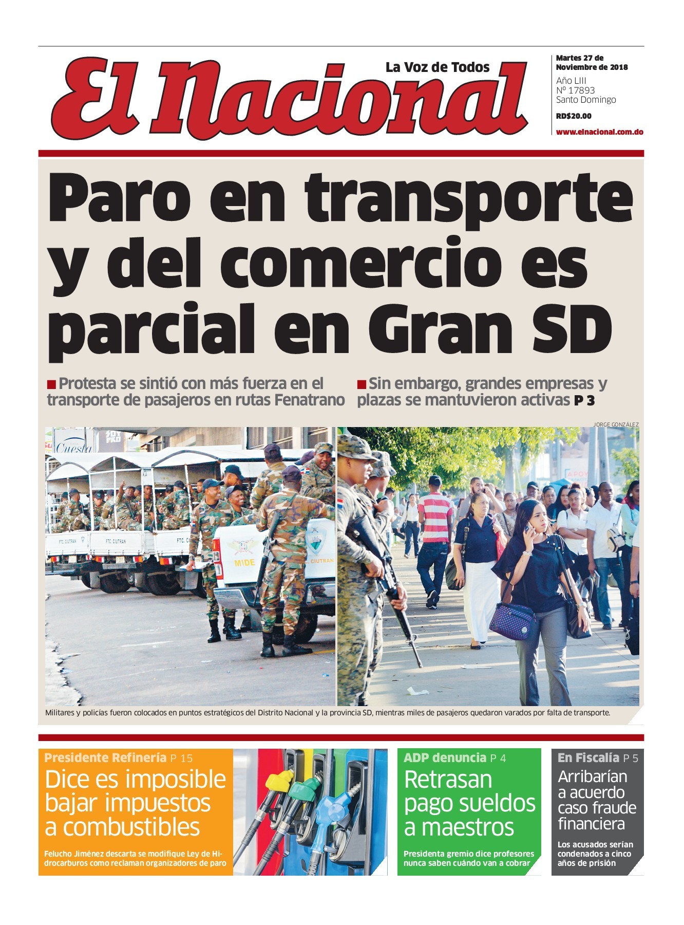 Portada Periódico El Nacional, Martes 27 de Noviembre 2018