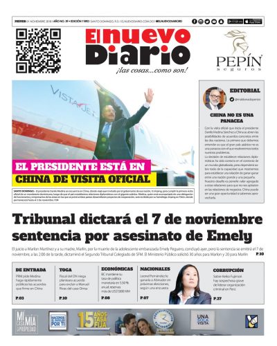 Portada Periódico El Nuevo Diario, Jueves 01 de Noviembre 2018