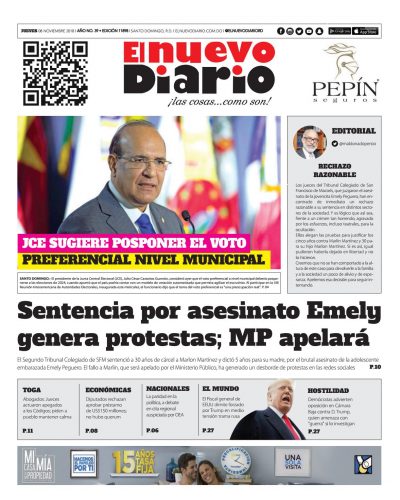 Portada Periódico El Nuevo Diario, Jueves 08 de Noviembre 2018