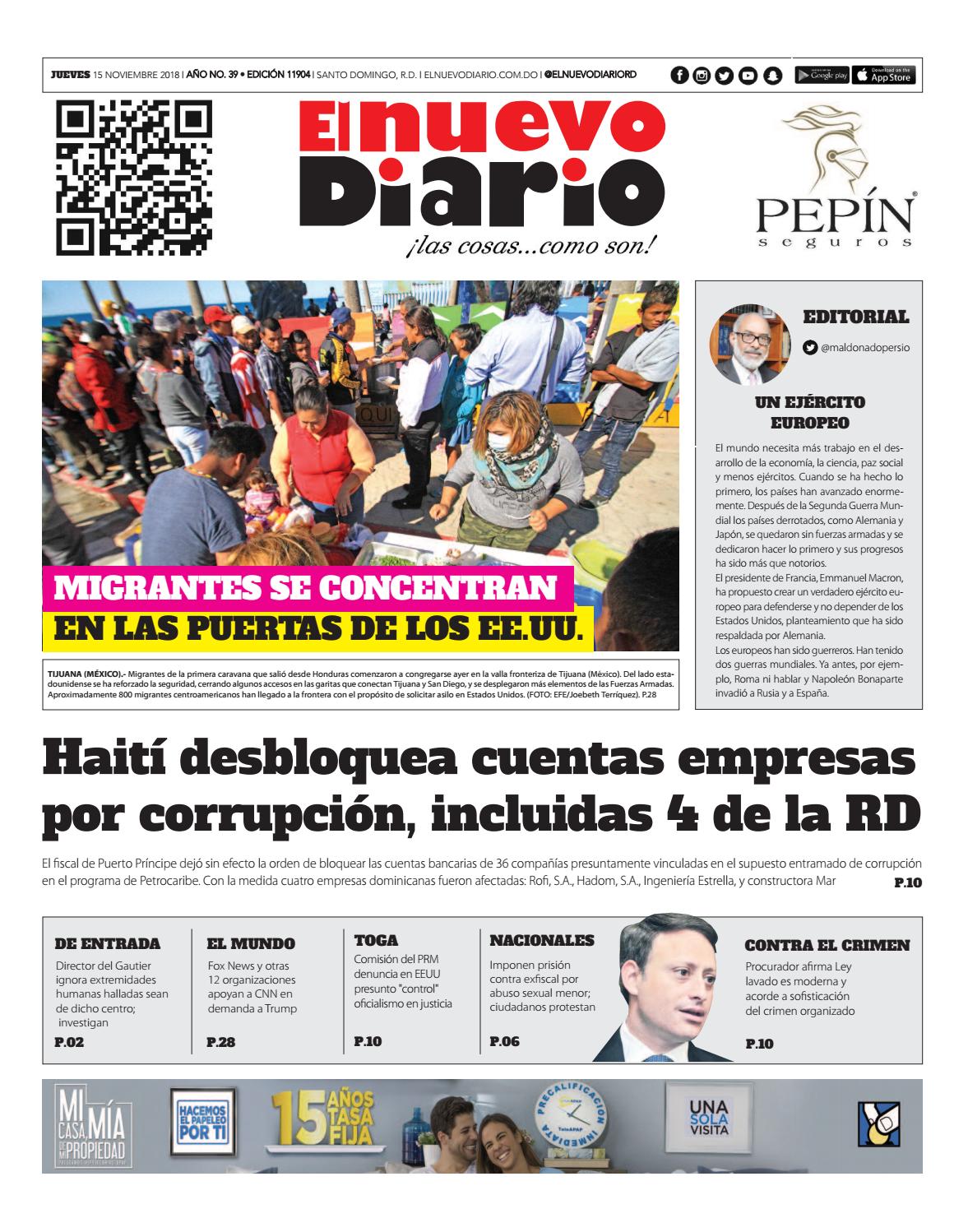 Portada Periódico El Nuevo Diario, Jueves 15 de Noviembre 2018