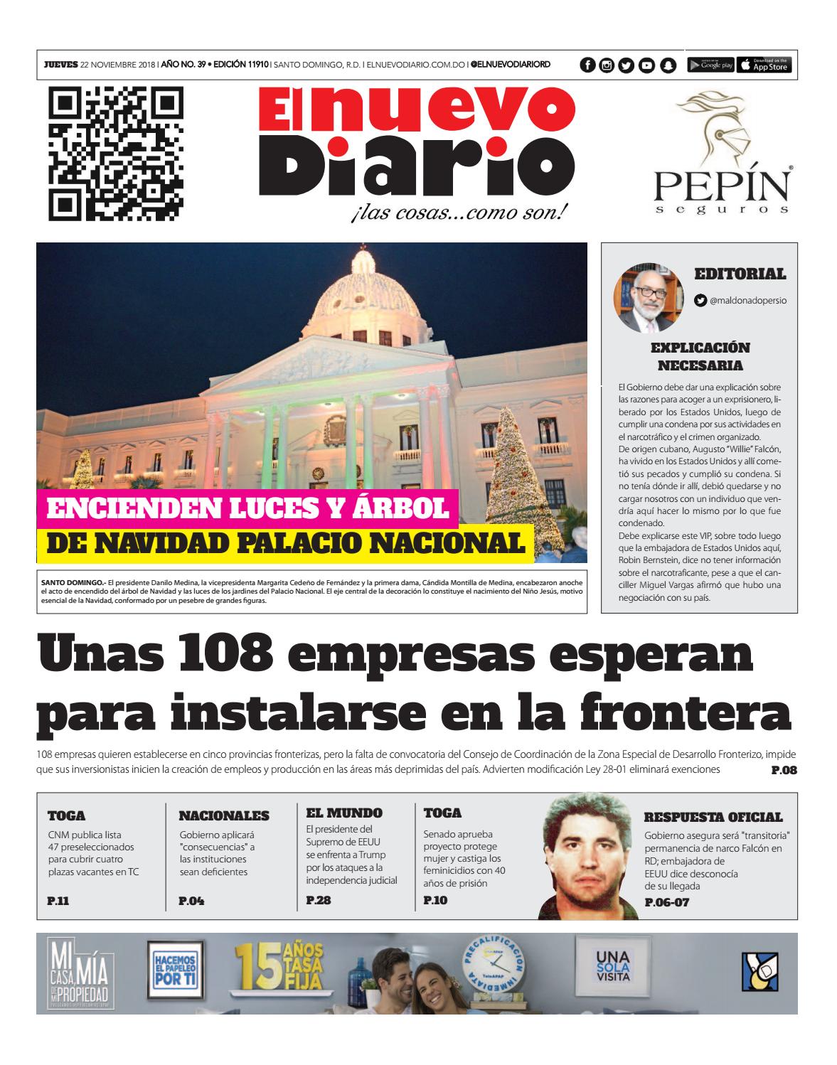 Portada Periódico El Nuevo Diario, Jueves 22 de Noviembre 2018