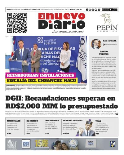 Portada Periódico El Nuevo Diario, Jueves 29 de Noviembre 2018