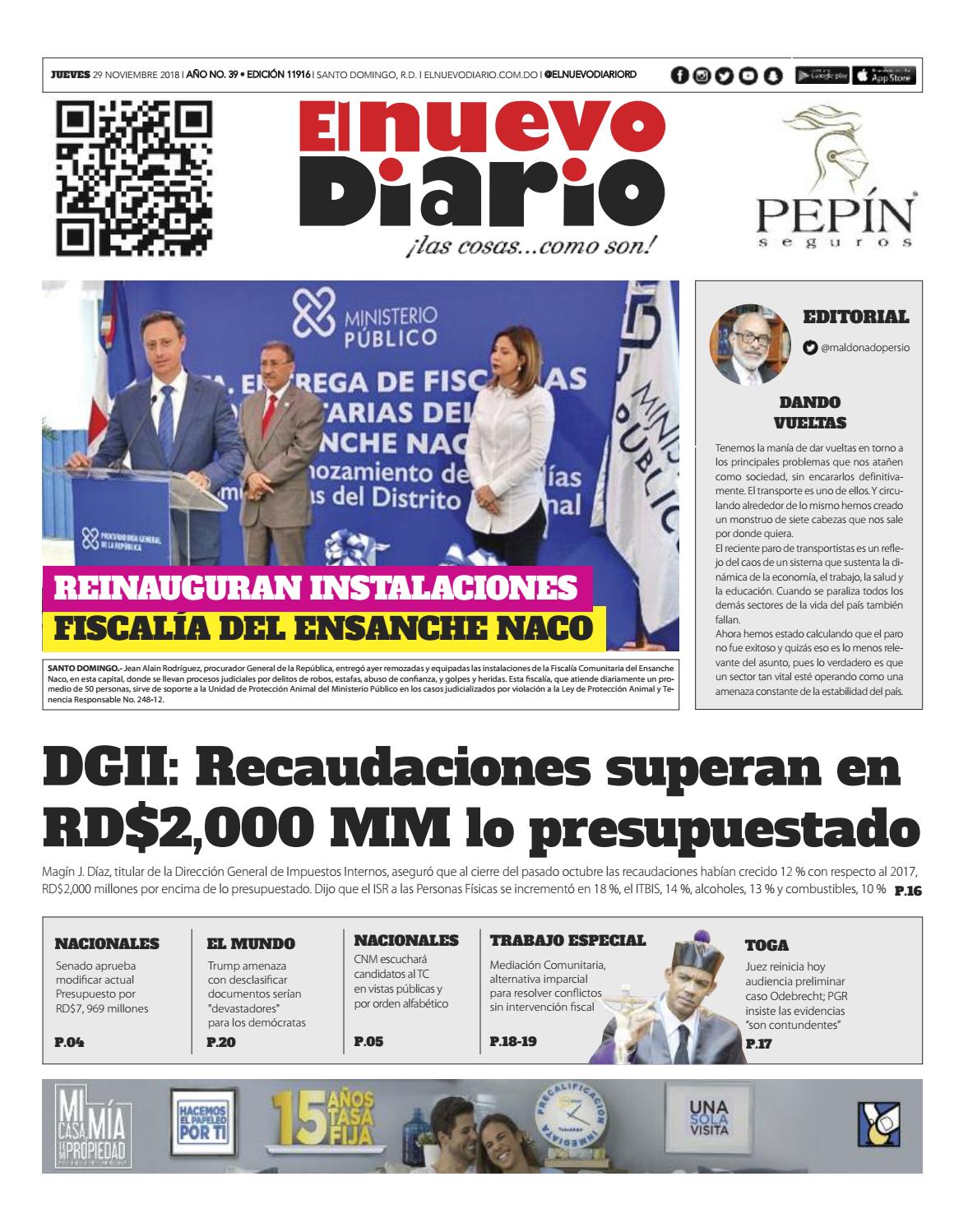 Portada Periódico El Nuevo Diario, Jueves 29 de Noviembre 2018