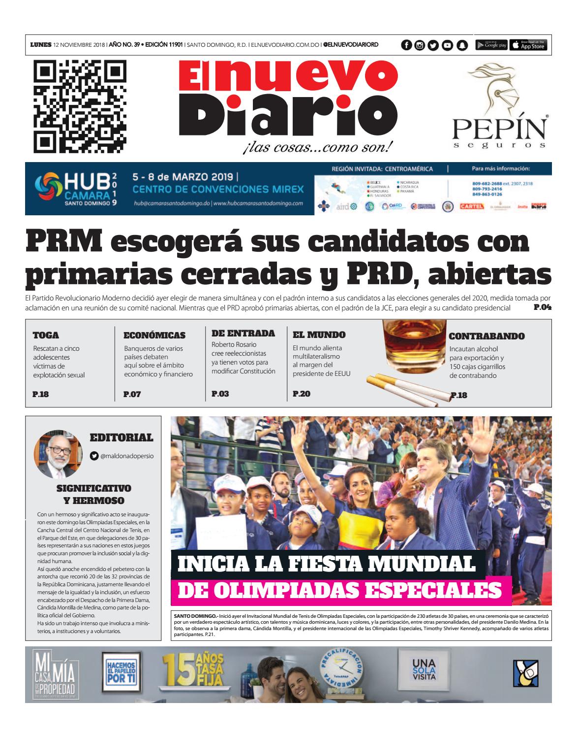 Portada Periódico El Nuevo Diario, Lunes 12 de Noviembre 2018