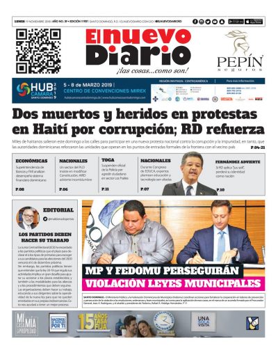 Portada Periódico El Nuevo Diario, Lunes 19 de Noviembre 2018
