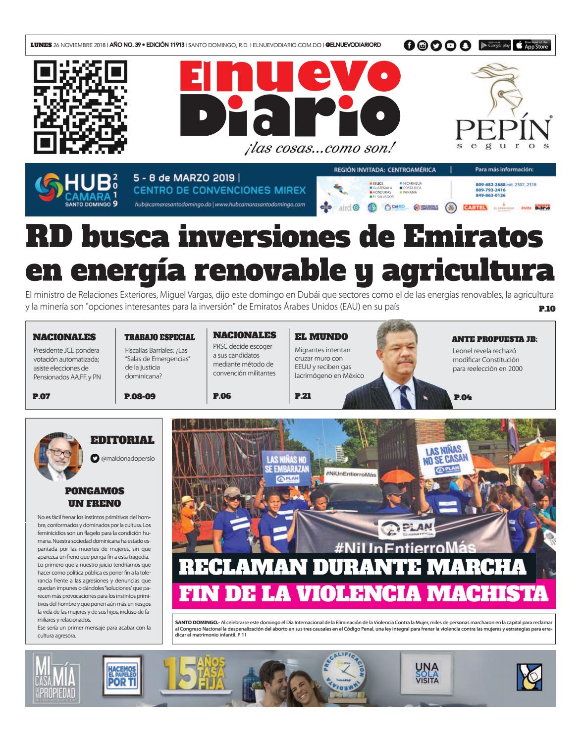 Portada Periódico El Nuevo Diario, Lunes 26 de Noviembre 2018
