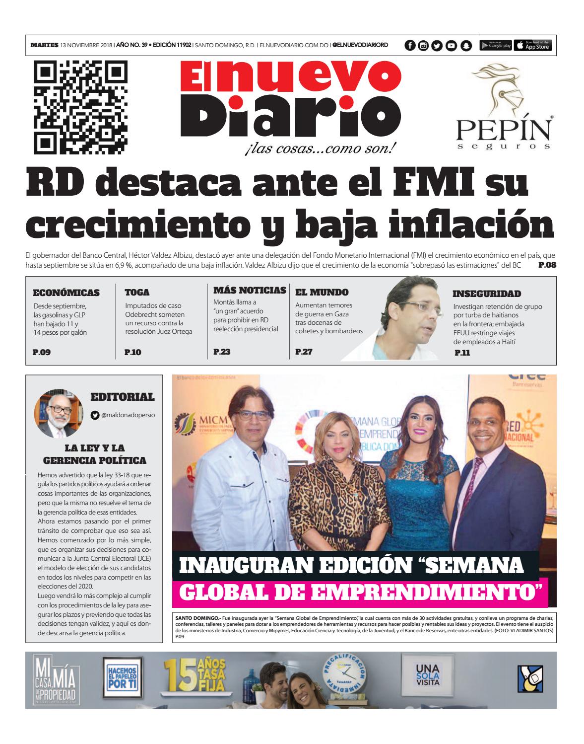 Portada Periódico El Nuevo Diario, Martes 13 de Noviembre 2018