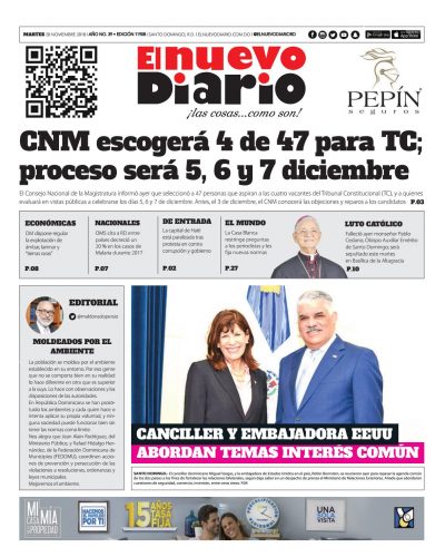 Portada Periódico El Nuevo Diario, Martes 20 de Noviembre 2018