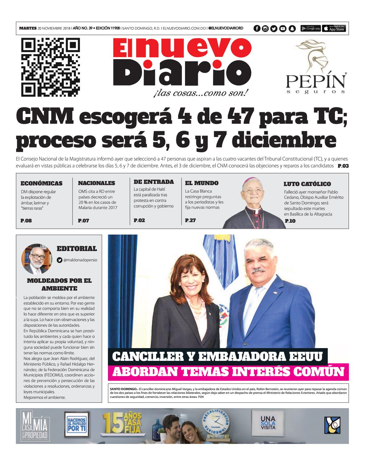 Portada Periódico El Nuevo Diario, Martes 20 de Noviembre 2018