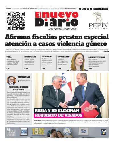 Portada Periódico El Nuevo Diario, Martes 27 de Noviembre 2018