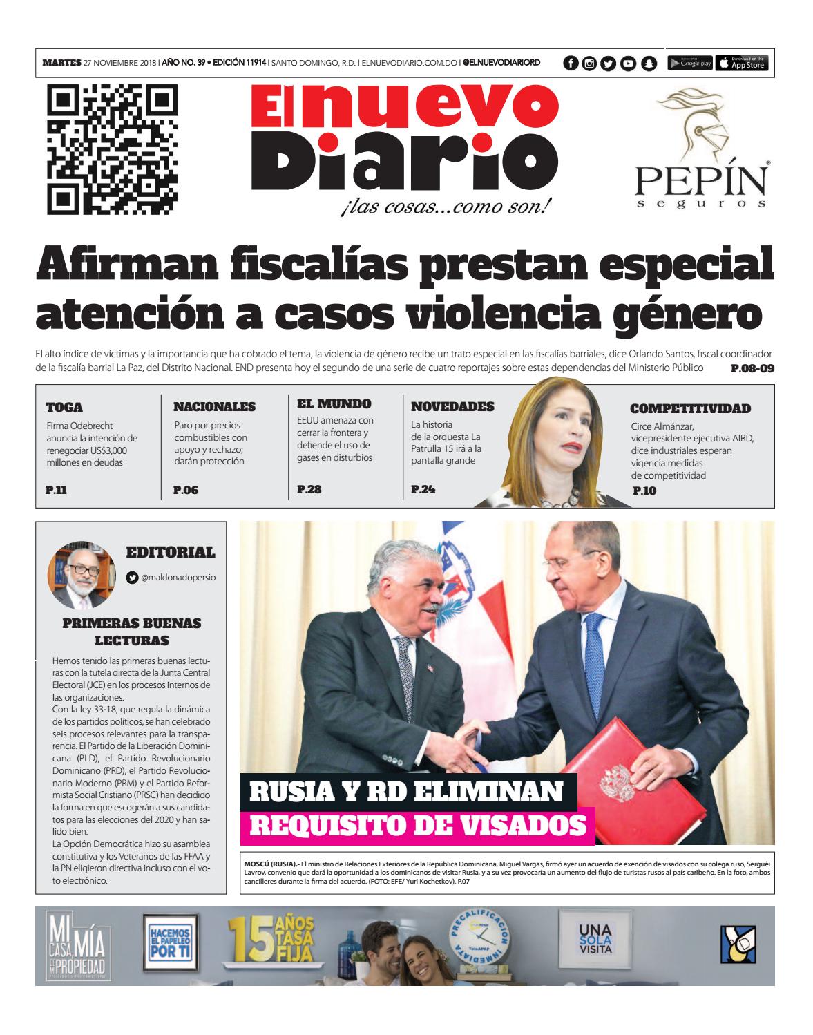 Portada Periódico El Nuevo Diario, Martes 27 de Noviembre 2018
