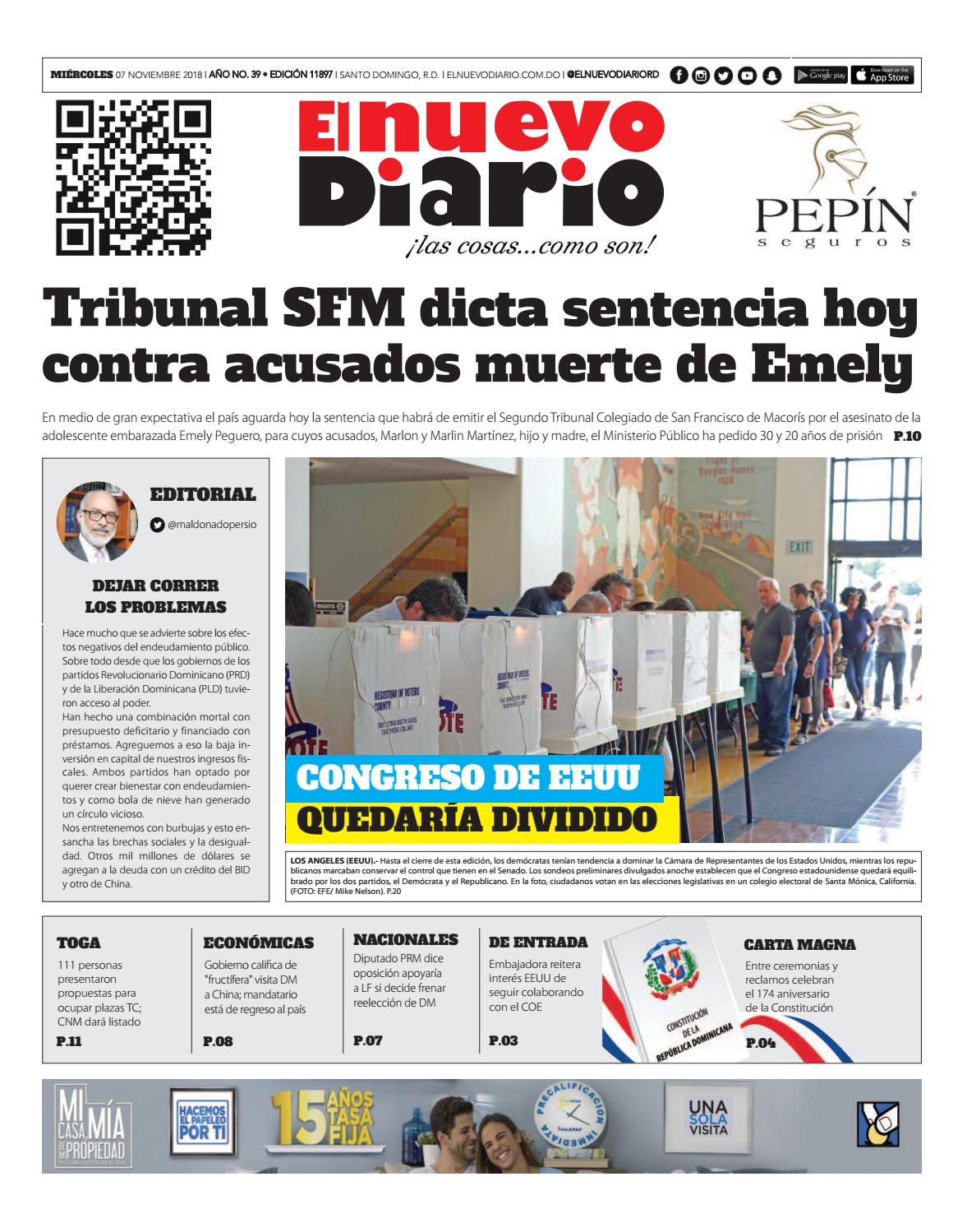 Portada Periódico El Nuevo Diario, Miércoles 07 de Noviembre 2018