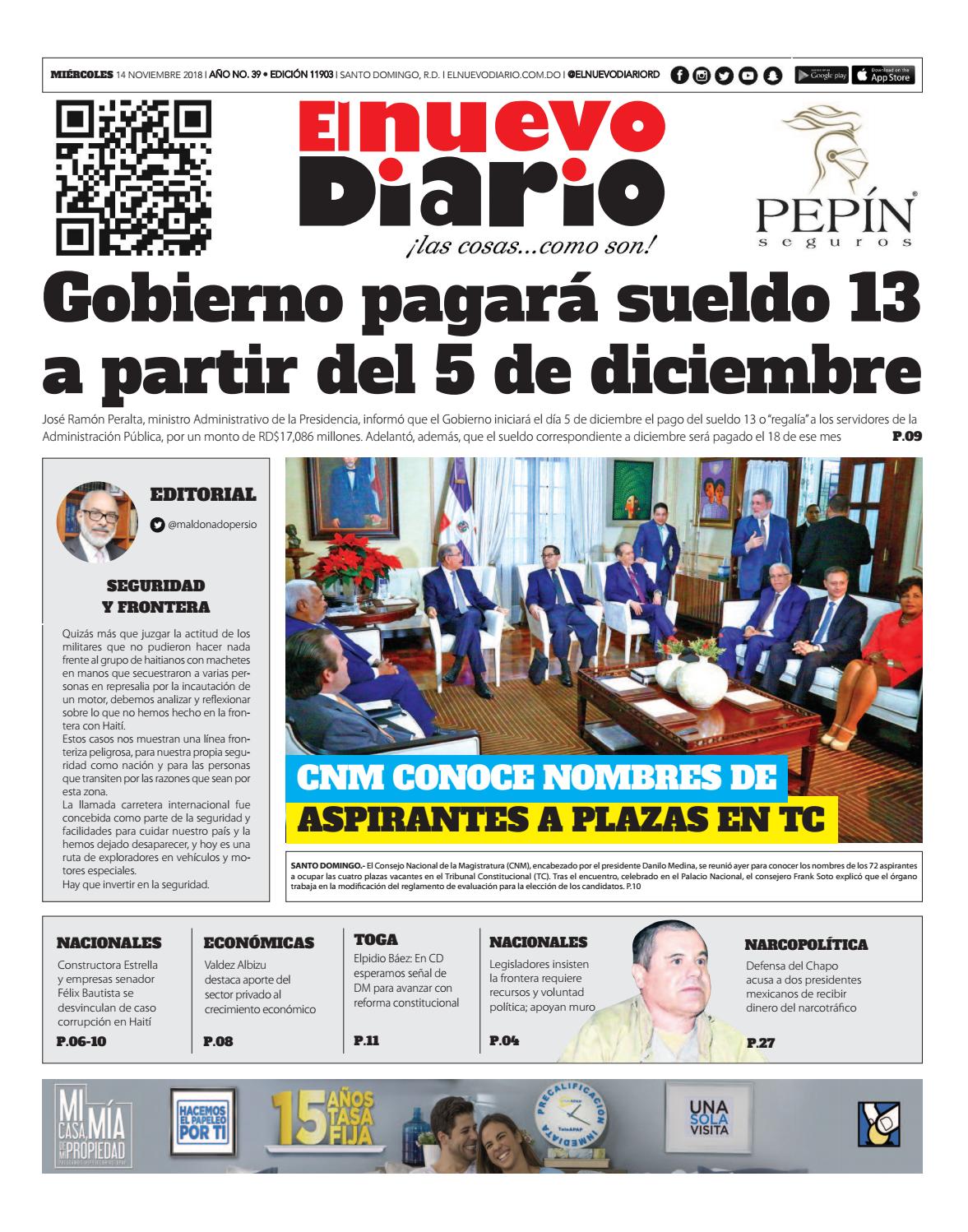 Portada Periódico El Nuevo Diario, Miércoles 14 de Noviembre 2018