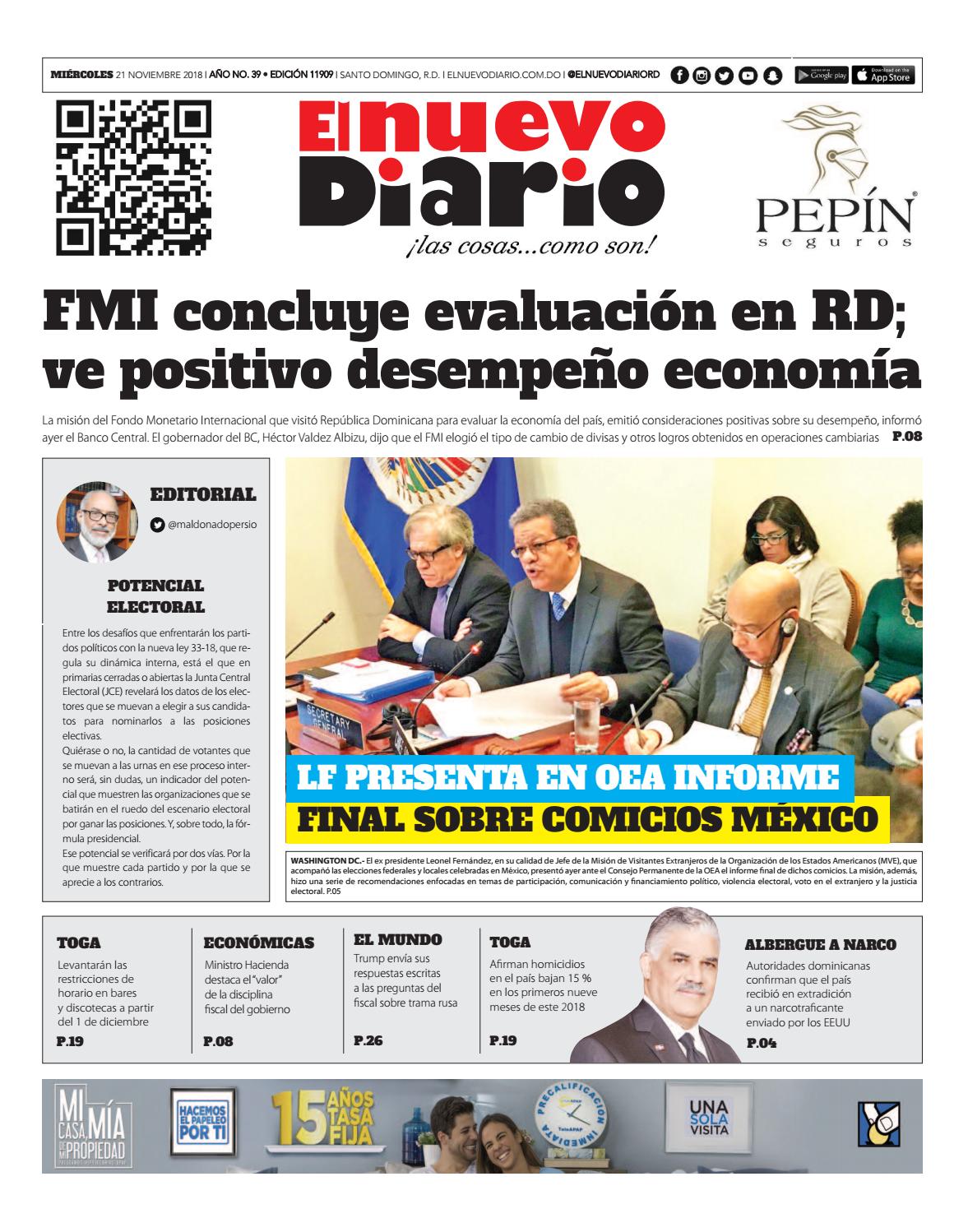 Portada Periódico El Nuevo Diario, Miércoles 21 de Noviembre 2018